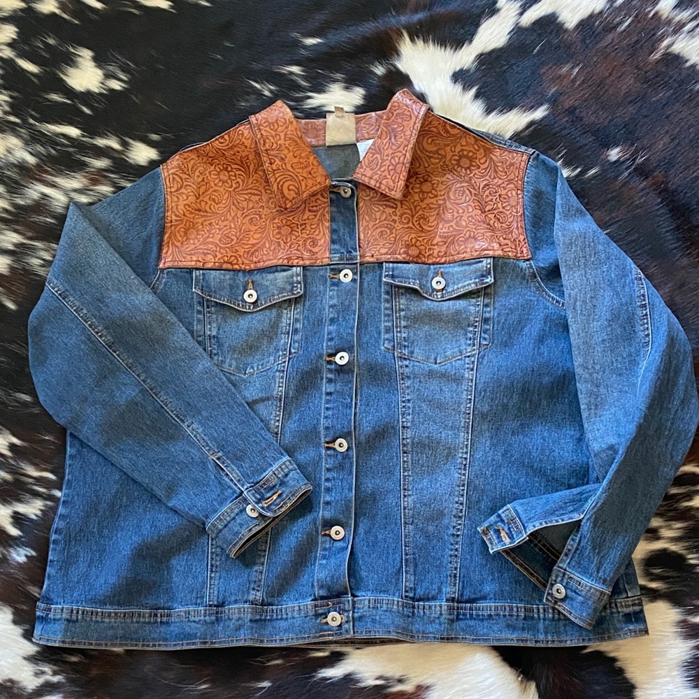 Denim jacket with tooled leather yoke women’s 3x
